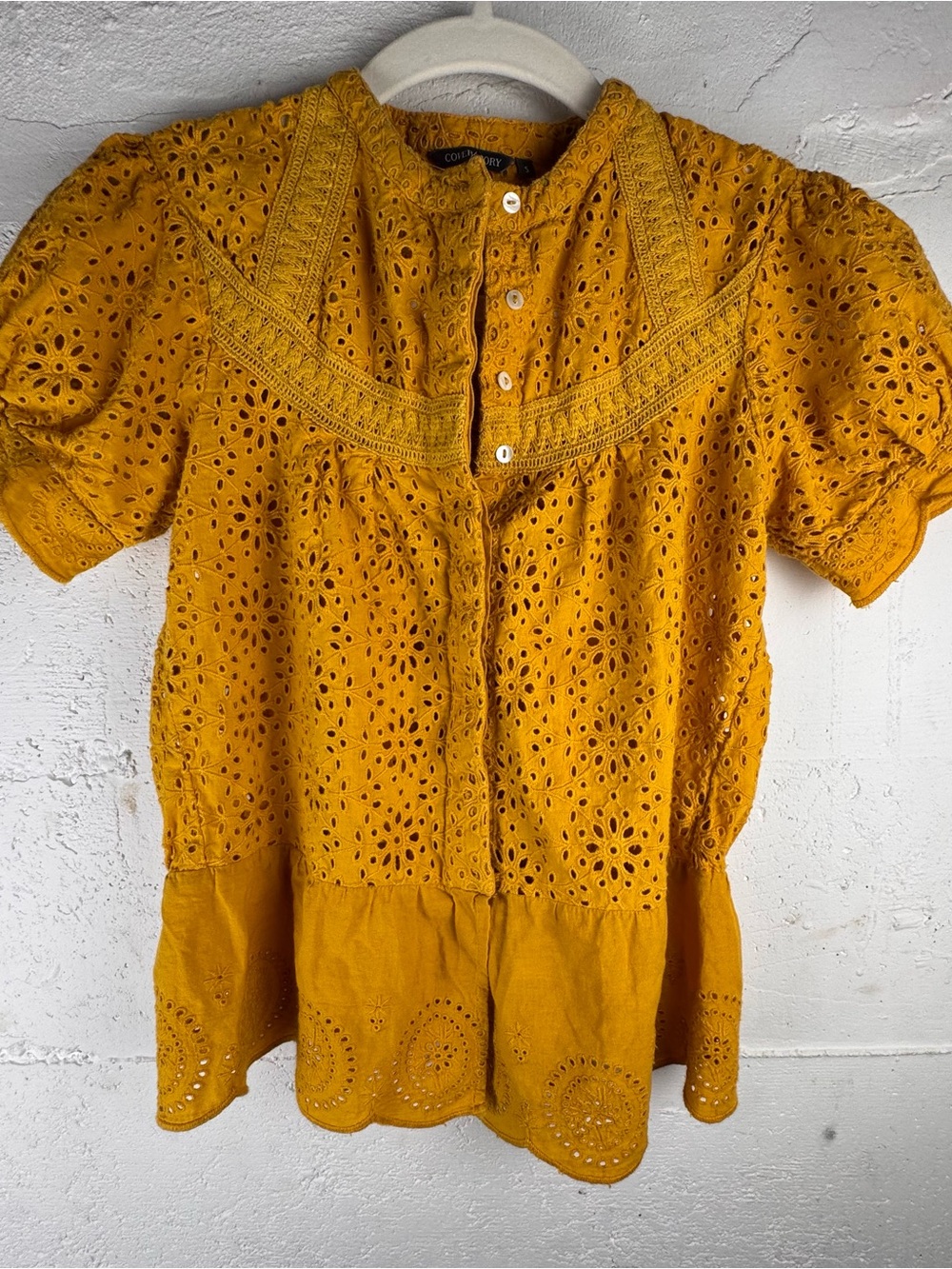 Cotton Mustard Eyelet Button Front Peplum Top Feminine Boho Festival hippie S